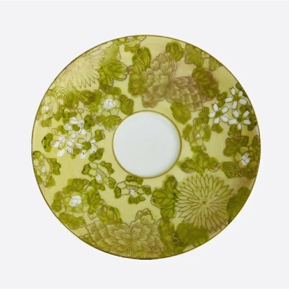 RARE Vintage Dorothy C Thorpe Dot2 Chrysanthemum Green Gold Floral Saucer (1)